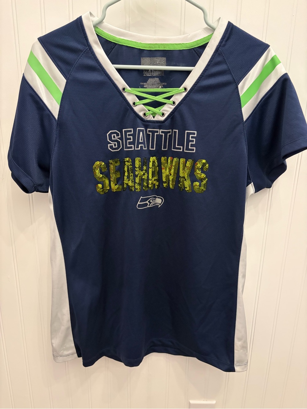 Seattle Seahawks Lace-Up Sparkle Tee - Navy & Neon Green